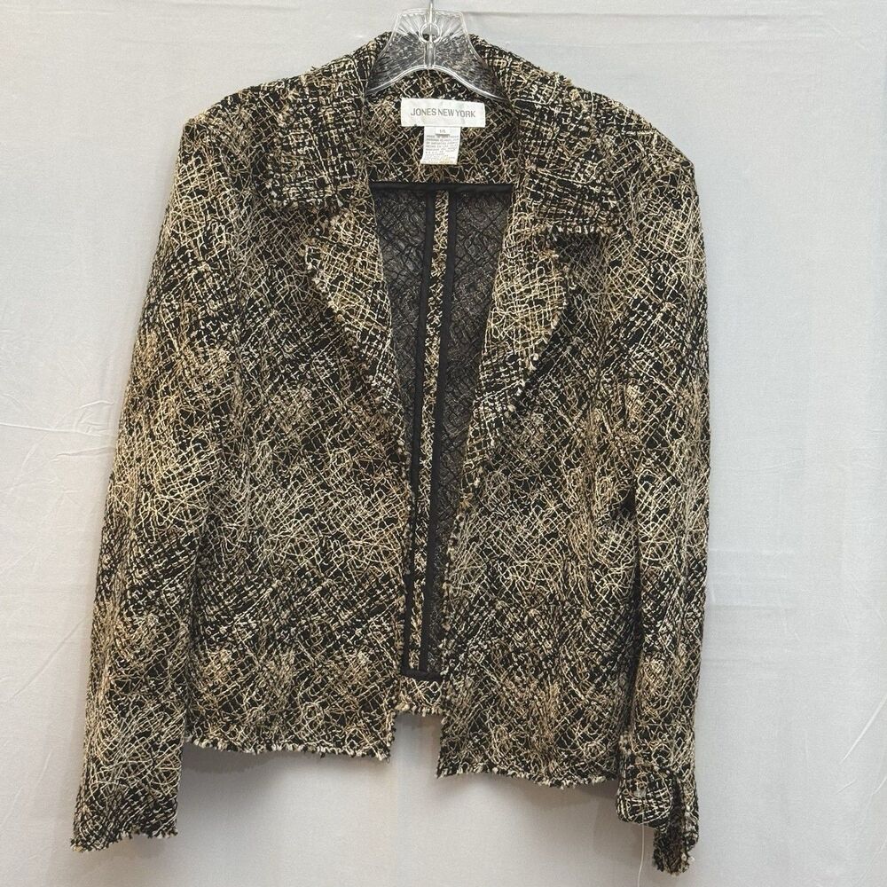 Jones New York 14 Cotton Blend Textured Tweed Blazer Black Tan Open Front Career